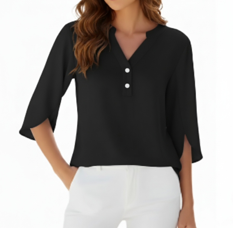 Chiffon Tops for Women-Solid Color V-neck line with Buttons – BL25