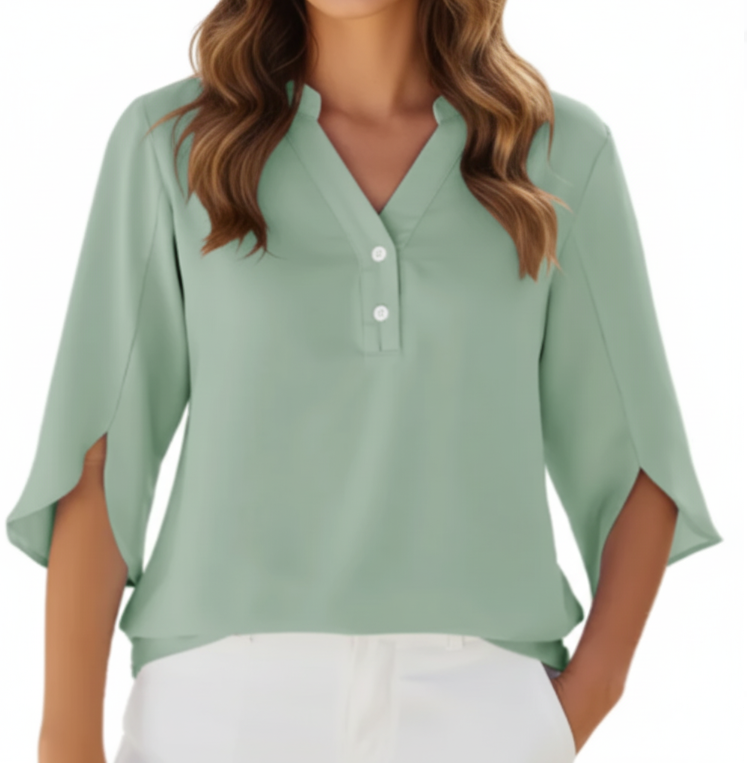 Chiffon Tops for Women-Solid Color V-neck line with Buttons – BL25