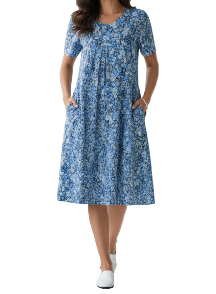 Floral Print Round Neck Pocket Dress for Women - Dress-B20