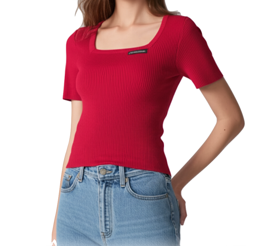 Square Neck Ice Silk Knitted Short Sleeve Women's T-shirt Blouse- B6-TOP-B654