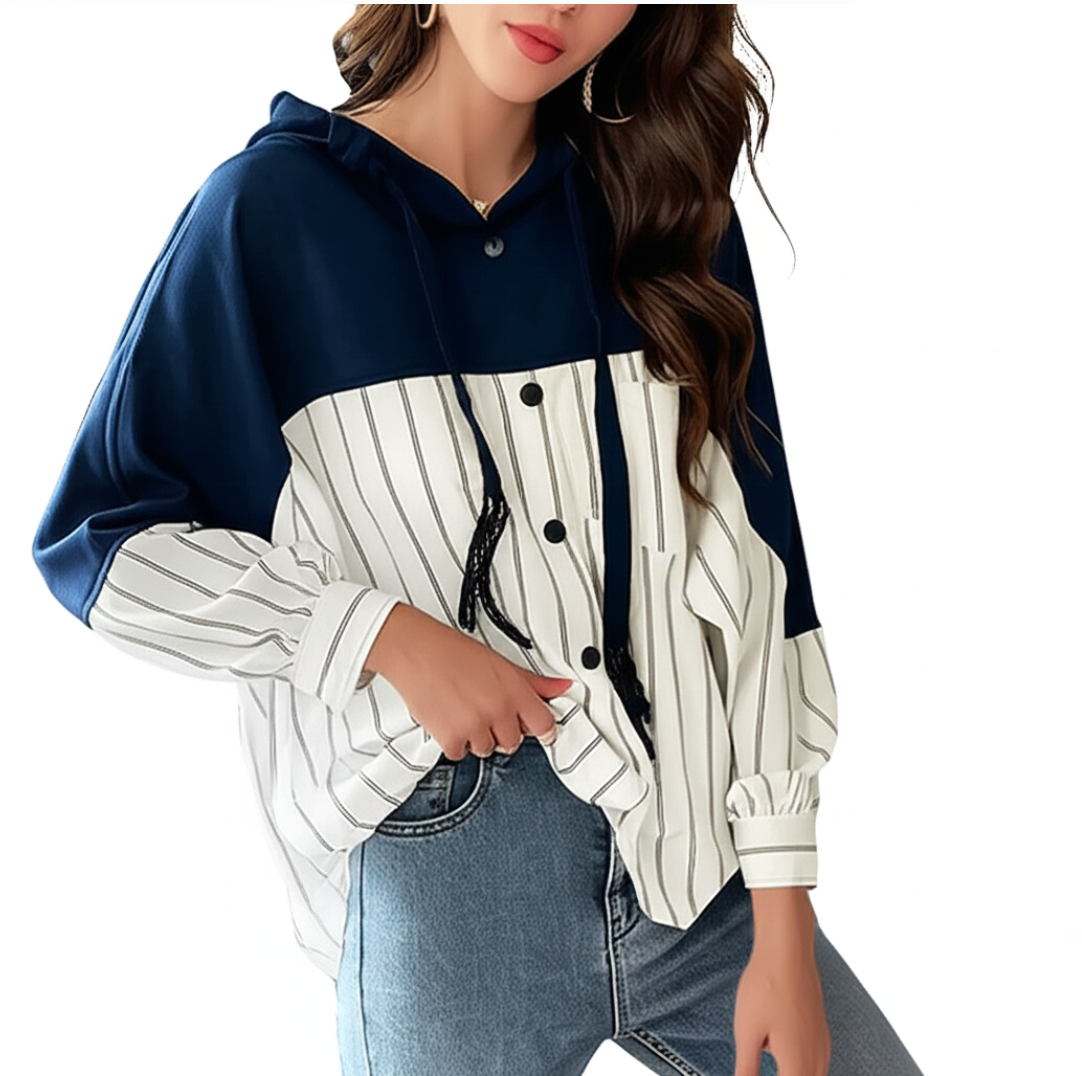 Trendy Striped Hooded Sweater Loose Fit  Two-Tone Women's Shirts - B6-TOP-B696