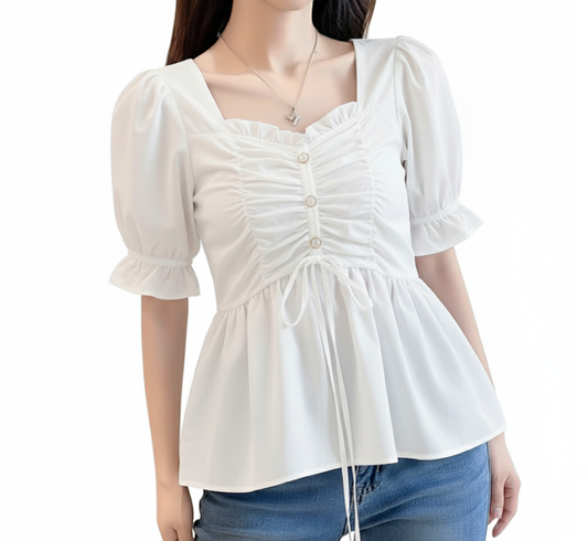 Square Neck-line Pleated front and Short Sleeve with Back Elastic Top for Women- BL51