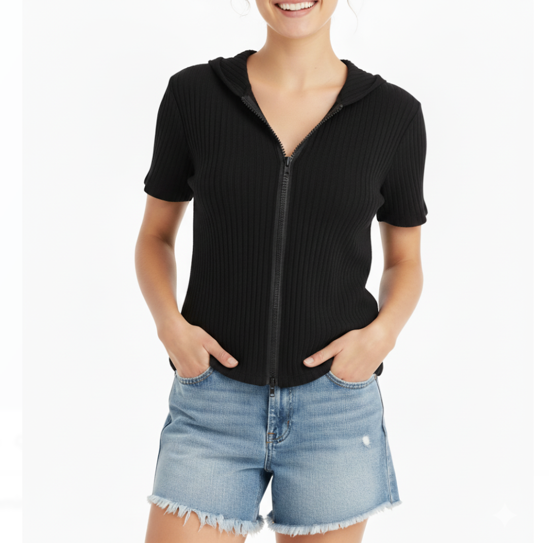Trendy & Timeless Girl's Hooded Short-sleeve Zip-Up Front Closure Top SHIRT-BL121