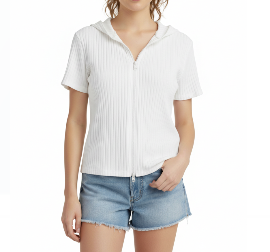 Trendy & Timeless Girl's Hooded Short-sleeve Zip-Up Front Closure Top SHIRT-BL121