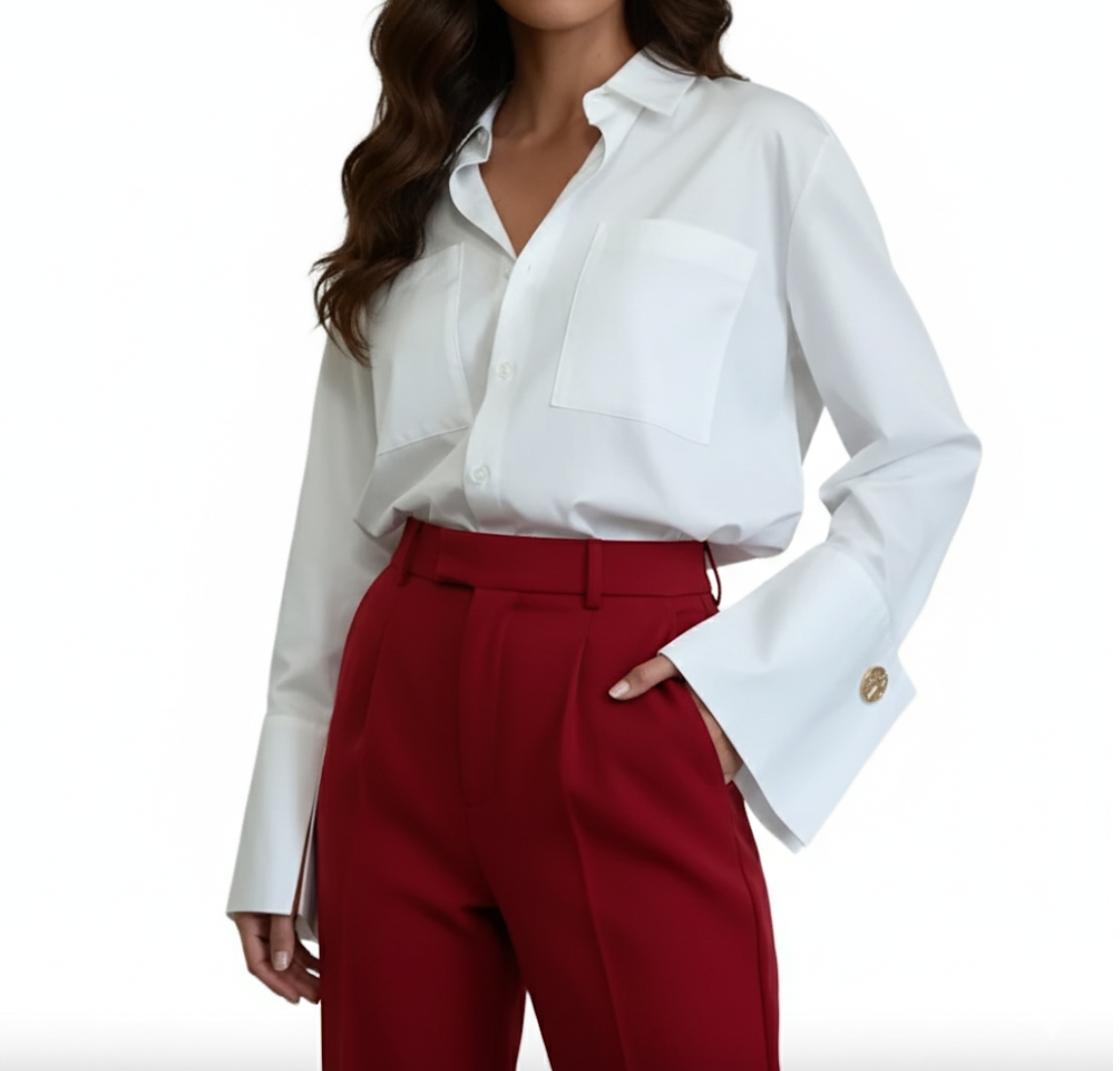 Trendy Double Chest Pockets Long Sleeve White Shirt TOP-B1-BL-238