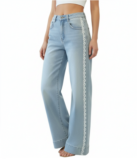 Trendy & Elegant Lace Striped High Waist Straight Leg Women's Jeans -B6-JP-633