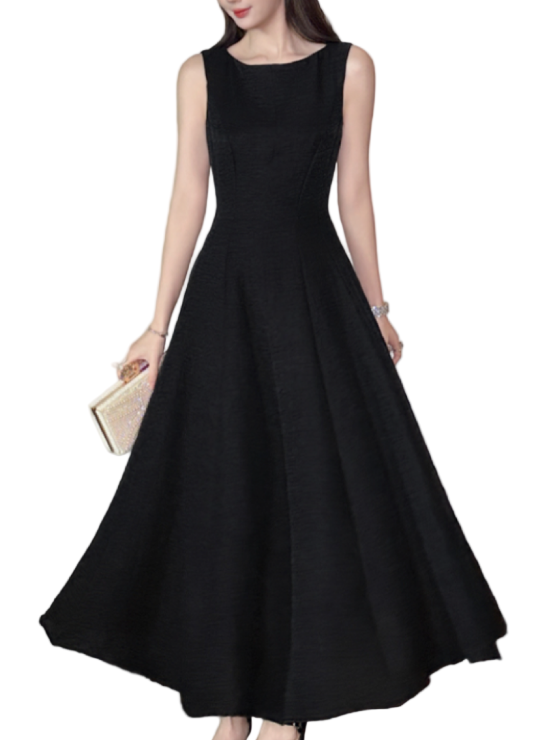 Timeless & Elegant A-Line Slim Waist Black Dress for Women - B4-DRESS-B332