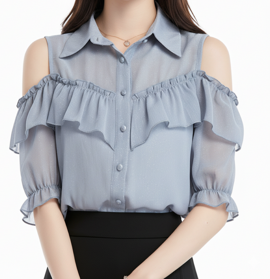 Trendy Off Shoulder Puff Short Sleeve Ruffled Blouse for Women - B1-TOP-BL403