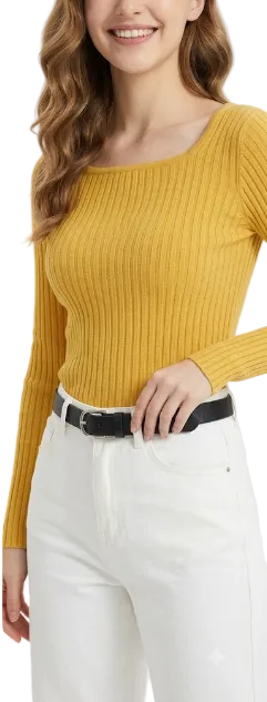 Trendy & Timeless Long Sleeve Square Neck Ribbed Elegant Blouses for Women - B1-TOP-V190