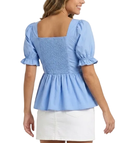 Square Neck-line Pleated front and Short Sleeve with Back Elastic Top for Women- BL51