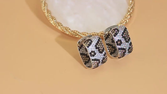 Two Tone Silver Plated Double Sided Cubic Zirconia  Leopard Hoop Earrings for Women- CZ-Earring- ER - 06