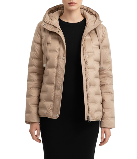 Down Quilted Stand Collar Hooded Warm Lightweight Parka Side Slits Short Jacket for Women - B12-JKT-21